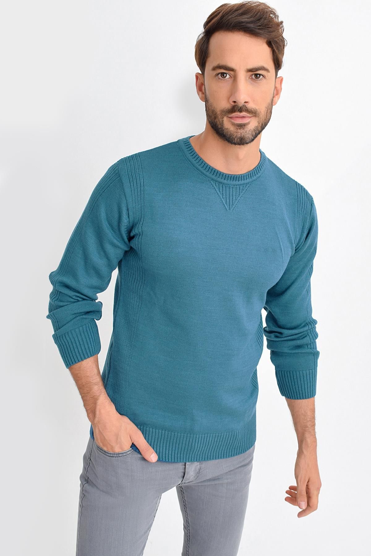 TENA MODA-Men's Petrol Crew Neck Basic Knitwear Sweater 1