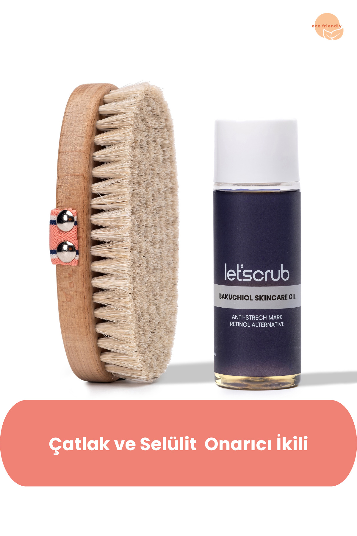 LET'SCRUB Çatlak ve Selülit Onarıcı İkili - Doğal At Kılı Selülit Fırçası ve Bakuchiol Cilt Bakım Yağı — selulitonarımset