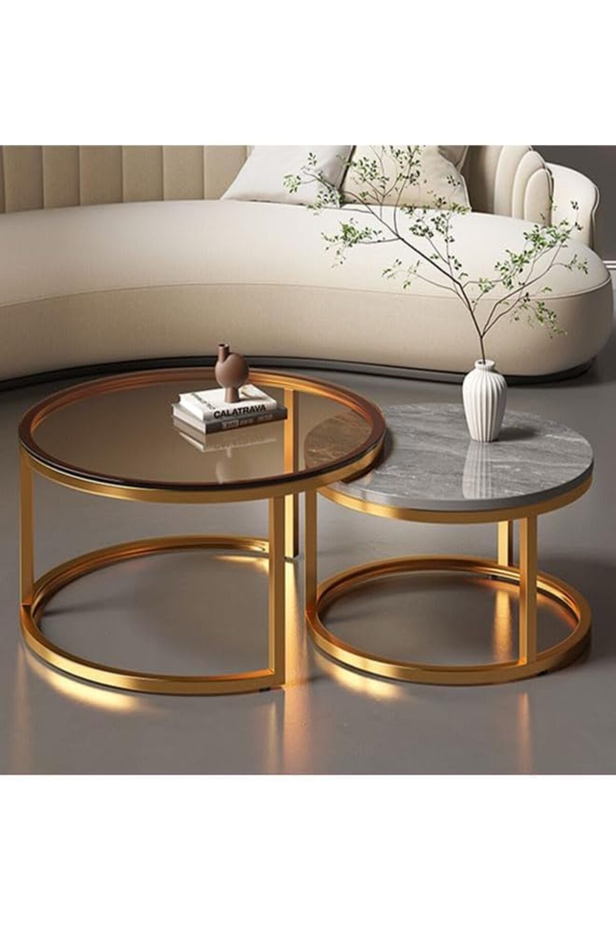 Generic-Set Of 2 Modern Round Nesting Coffee And Snack End Table With Metal Frame 3