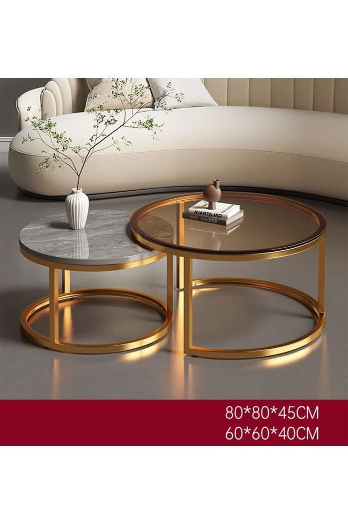 Generic-Set Of 2 Modern Round Nesting Coffee And Snack End Table With Metal Frame 6