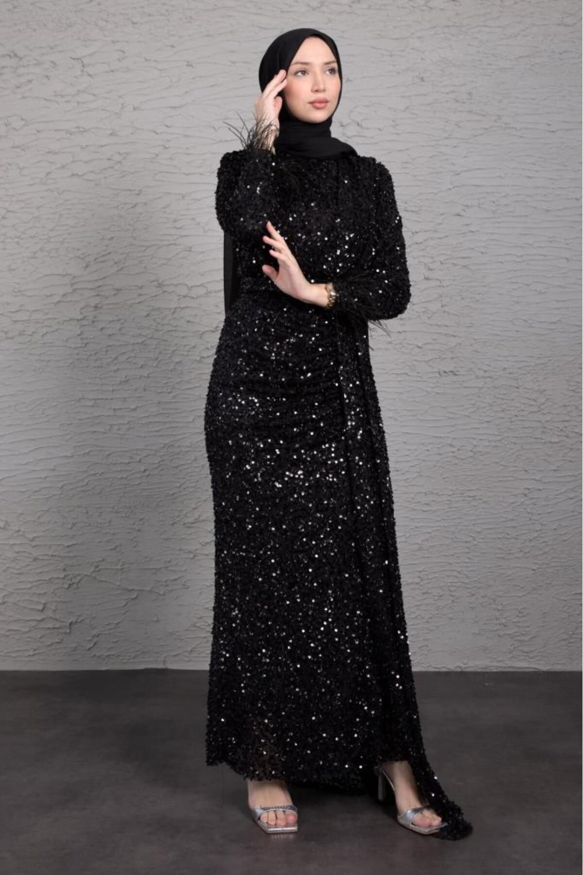 Lamia Giyim-Black Hijab Evening Dress - Sparkle Sequined and Piece Detailed 1