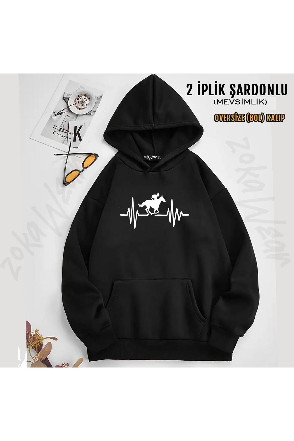 ZOKAWEAR At Yarışı Horse Race Baskılı Kapüşonlu Sweatshirt (2 İplik)