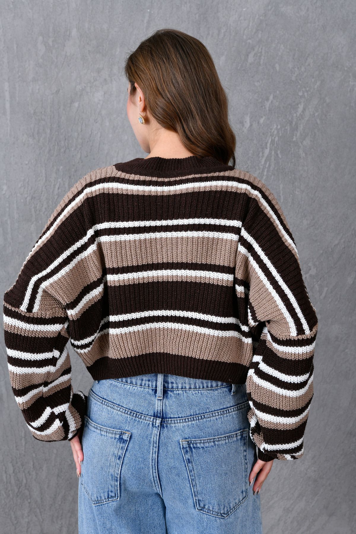 WOMAN VISION-Brown Striped Knitwear Sweater - Off Shoulder, Long Sleeve, Crew Neck, Crop Cut 6400 3