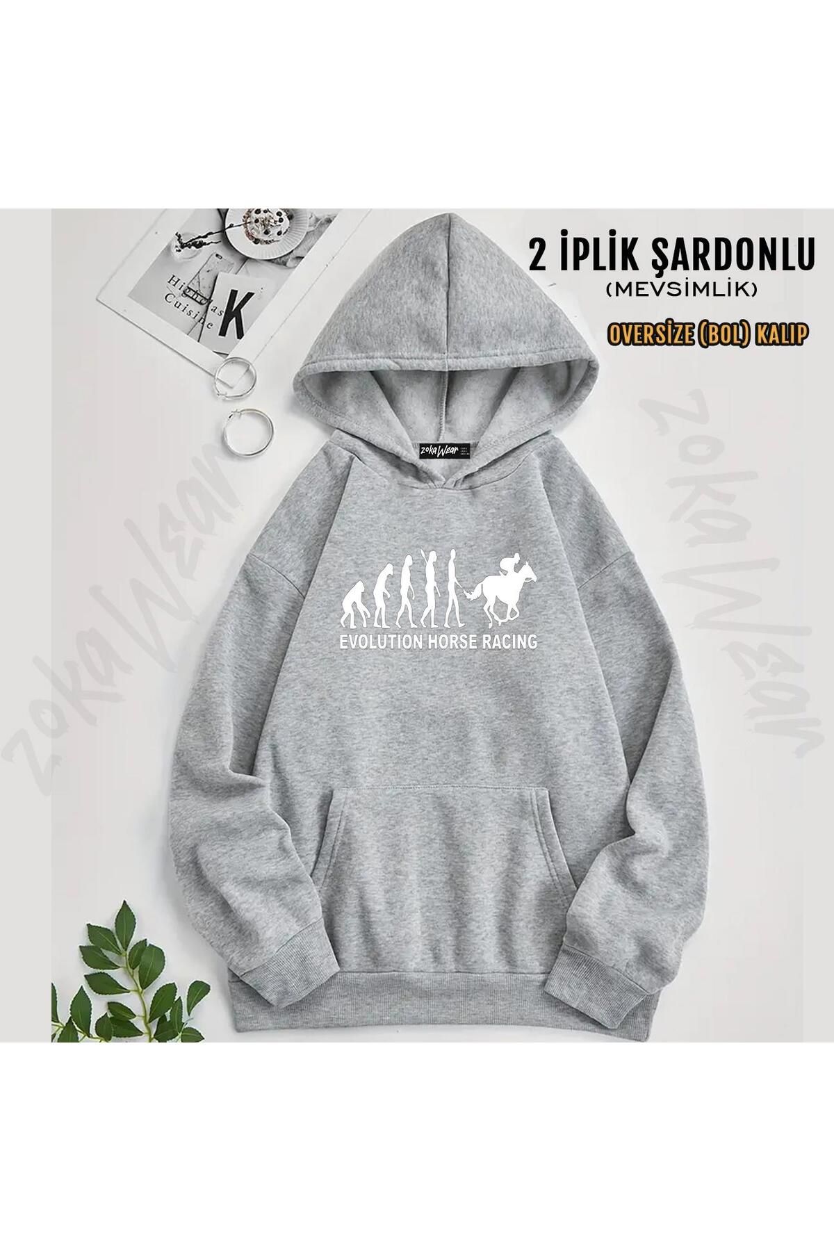 ZOKAWEAR At Yarışı Horse Race v2 Baskılı Kapüşonlu Oversize Sweatshirt (2 İplik)