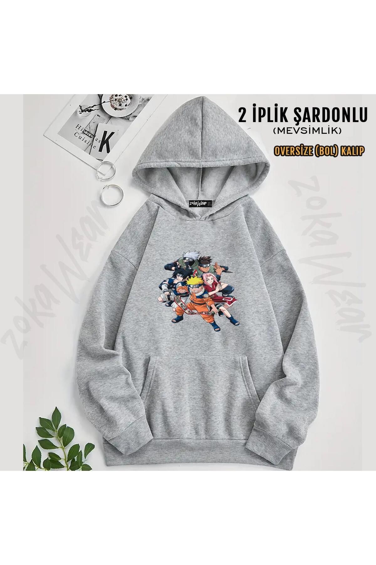 ZOKAWEAR Hanorac Supradimensionat Cu Glugă Imprimat Cu Personaje Naruto (2 Fire) Unisex - S/M