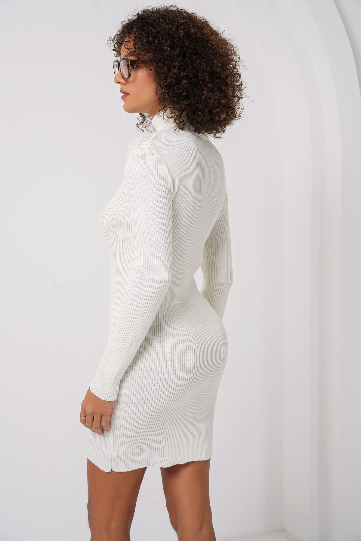Bigdart-15797 Rollkragen-Strickkleid – Weiß 6