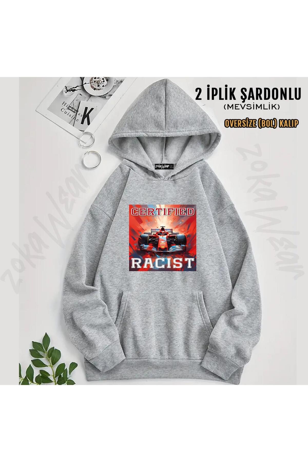 ZOKAWEAR Certified racist dynamic race Baskılı Kapüşonlu Oversize Sweatshirt (2 İplik)