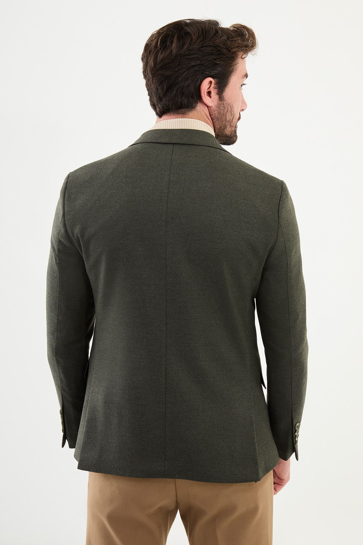 Mcr-Gestreifte Khaki Slim Fit Mono Kragen Klassische Wolljacke für Männer 4
