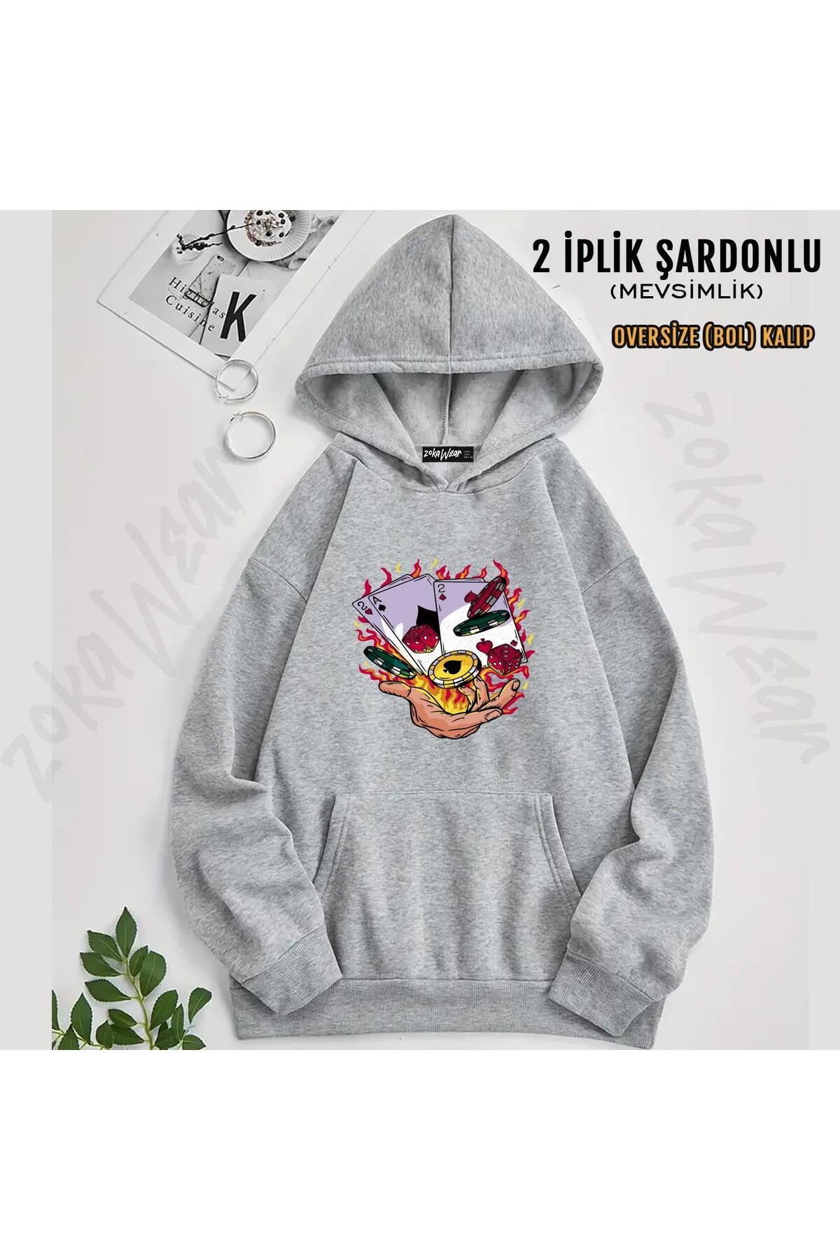 ZOKAWEAR Hanorac Supradimensionat Cu Glugă Cu Imprimeu Cărți De Joc De Poker (2 Fire) Unisex - L/XL