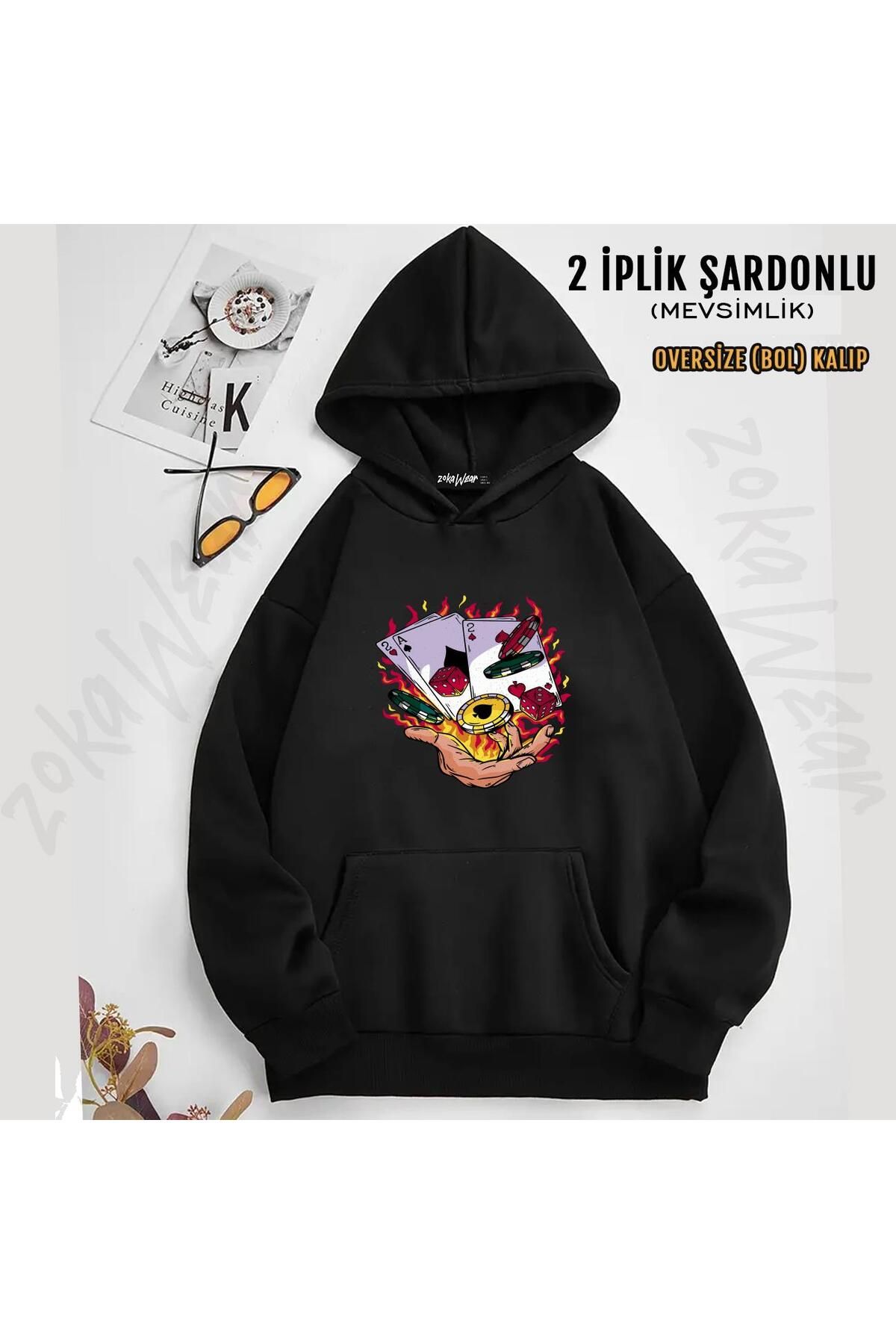 ZOKAWEAR Hanorac Cu Glugă Imprimat Cărți De Joc Poker (2 Fire) Unisex - L/XL
