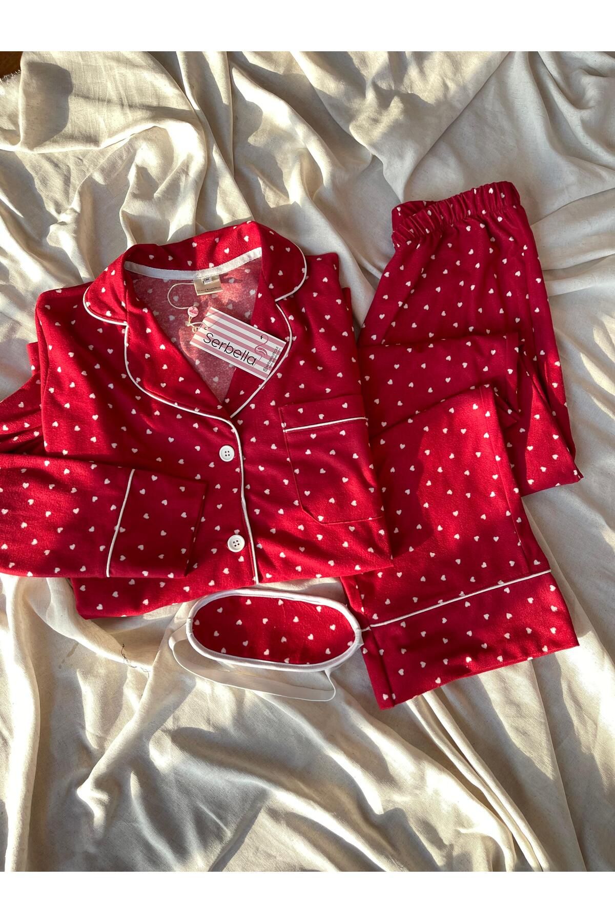 Serbella-Red Heart Patterned Knitted Flannel Pajama Set 2