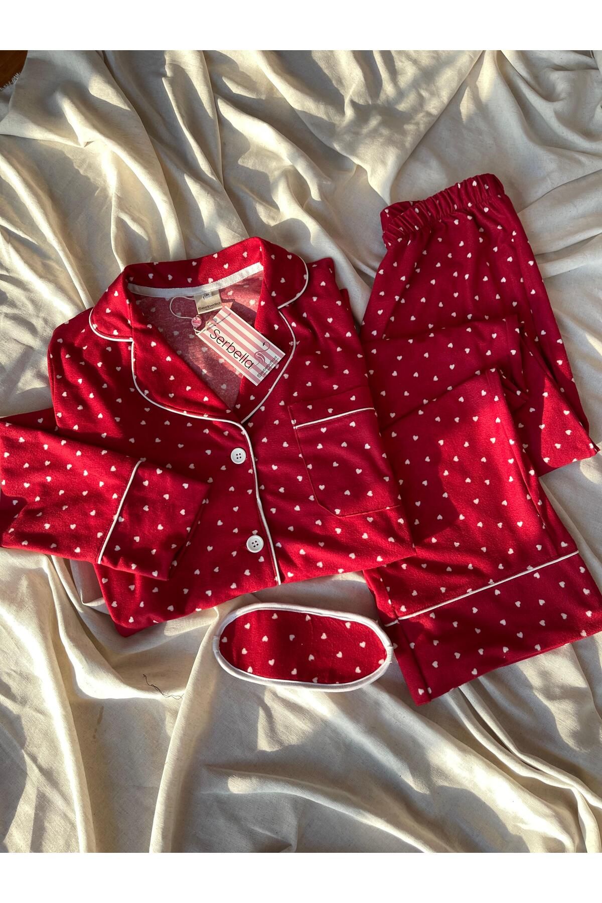 Serbella-Red Heart Patterned Knitted Flannel Pajama Set 4
