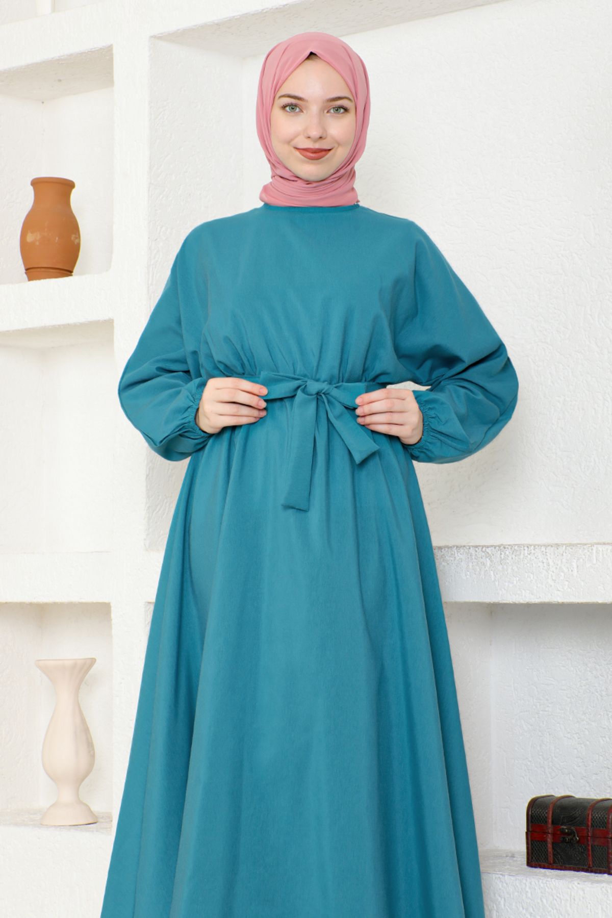 ModaMerve-Petrol Colored Belted Dress - End5415 4