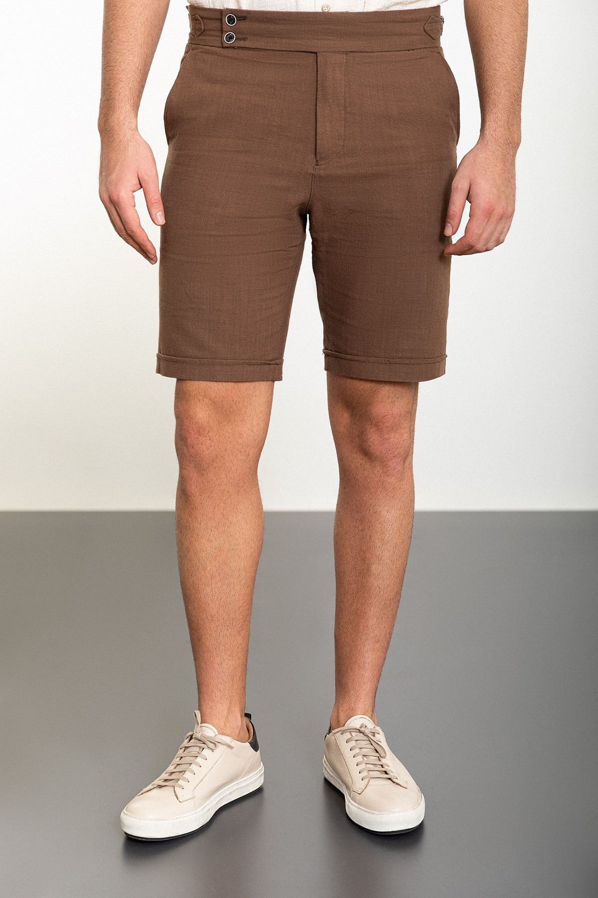 Mcr-Linen Men's Shorts - Straight Camel, Super Slim Fit and Belt 3