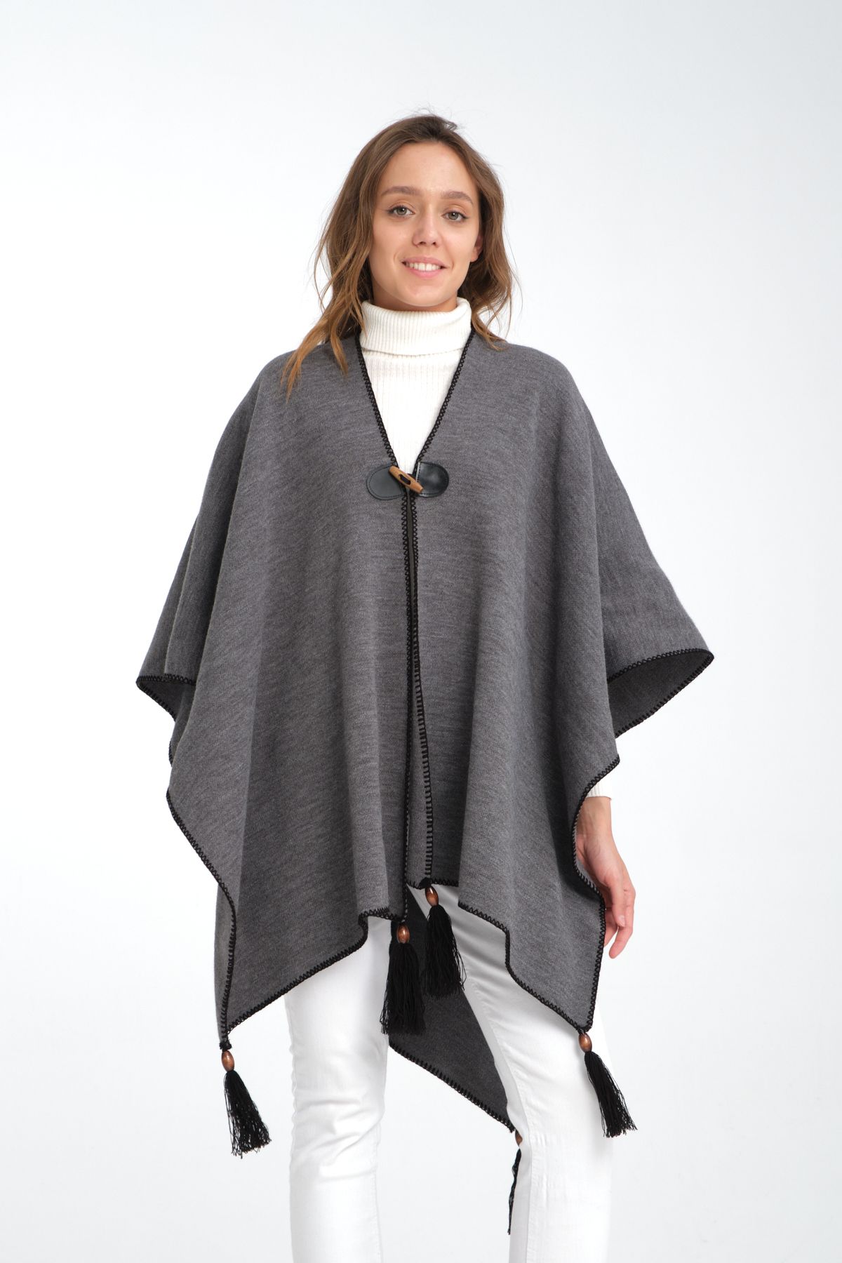 Wega Moda-Plain Knitwear Fisherman Stitched Button Detailed Stylish Designed Poncho, Poncho, Plain Patternless Shawl Poncho 5