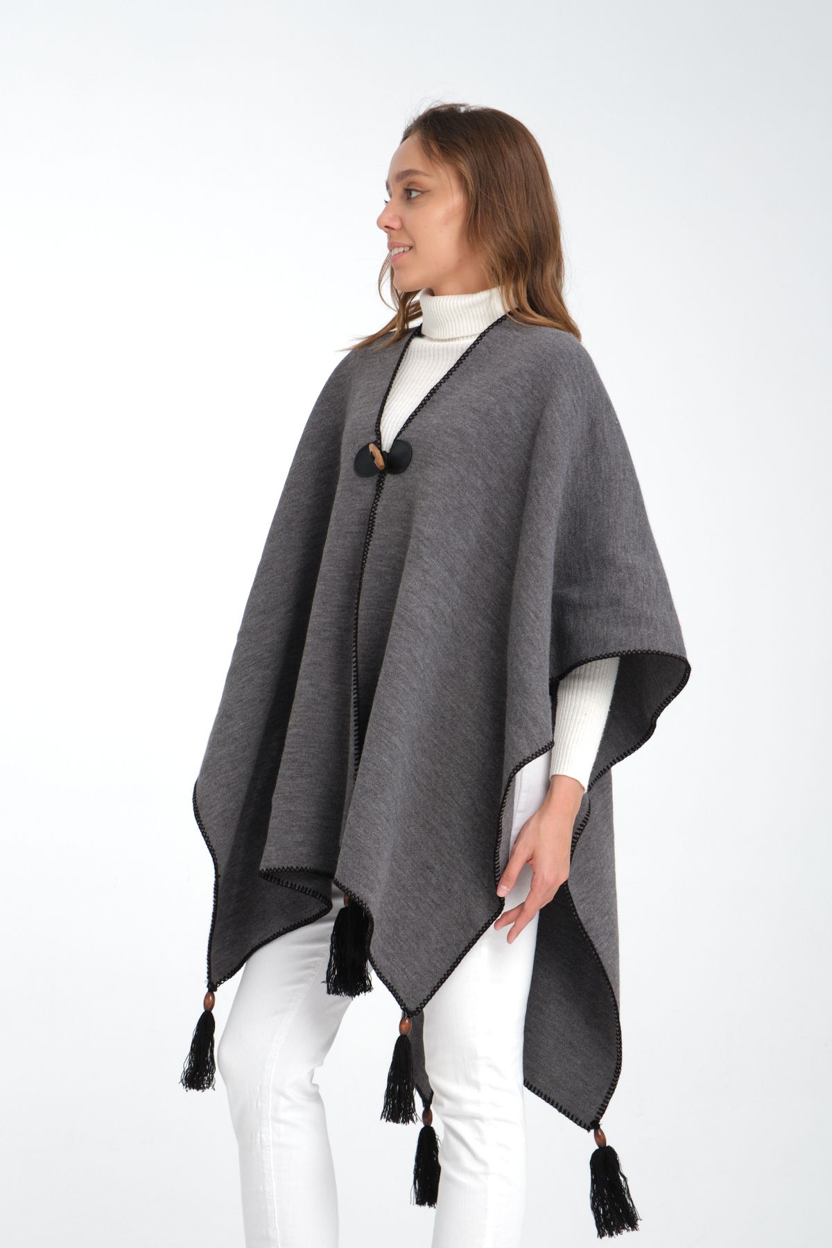 Wega Moda-Plain Knitwear Fisherman Stitched Button Detailed Stylish Designed Poncho, Poncho, Plain Patternless Shawl Poncho 6