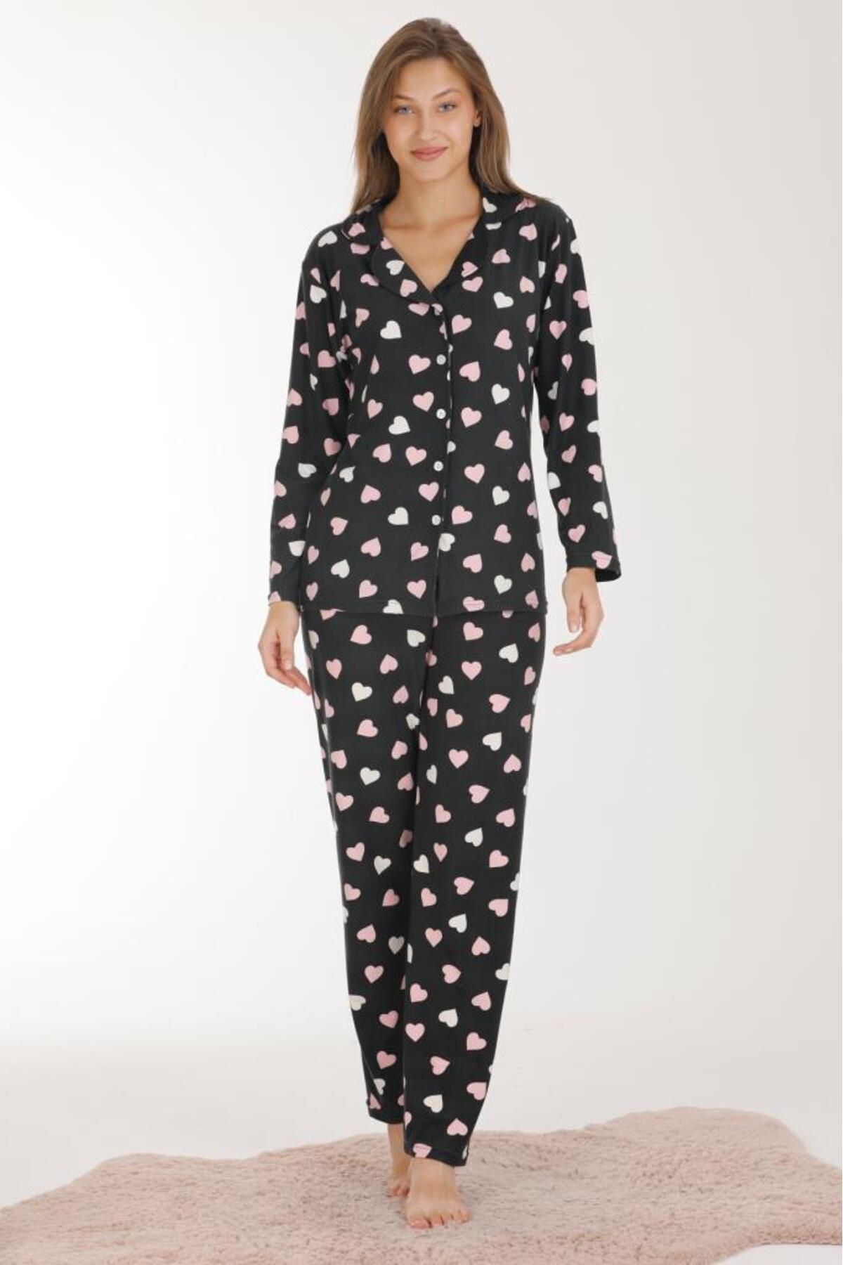 AKALA-Suede Black Pajama Set - Heart Patterned, Shirt Collar 4025 2