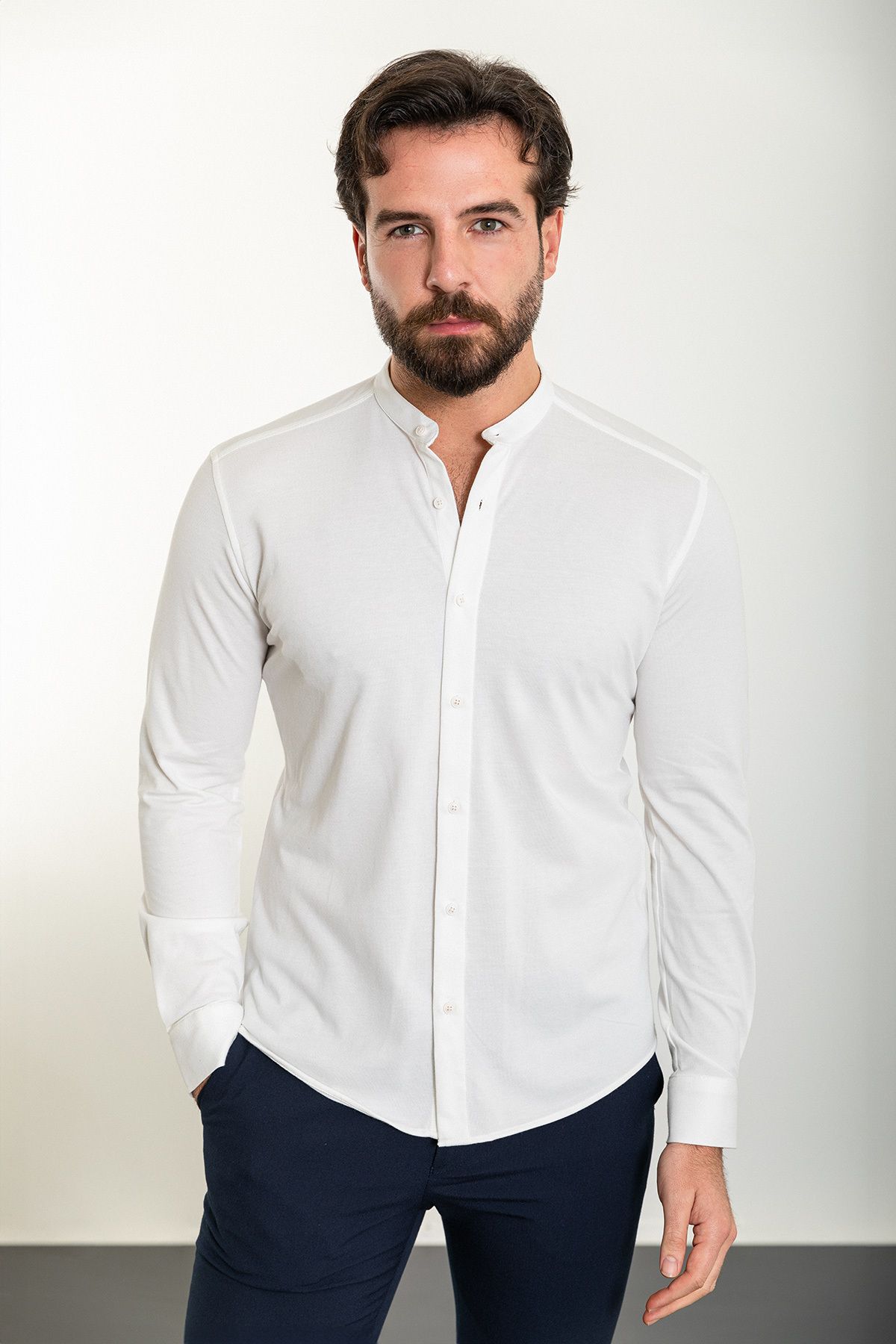 Mcr Cămașă Pentru Bărbați Cu Mânecă Lungă, Cu Guler Slim, Ecru Simplu Masculin - 2XL