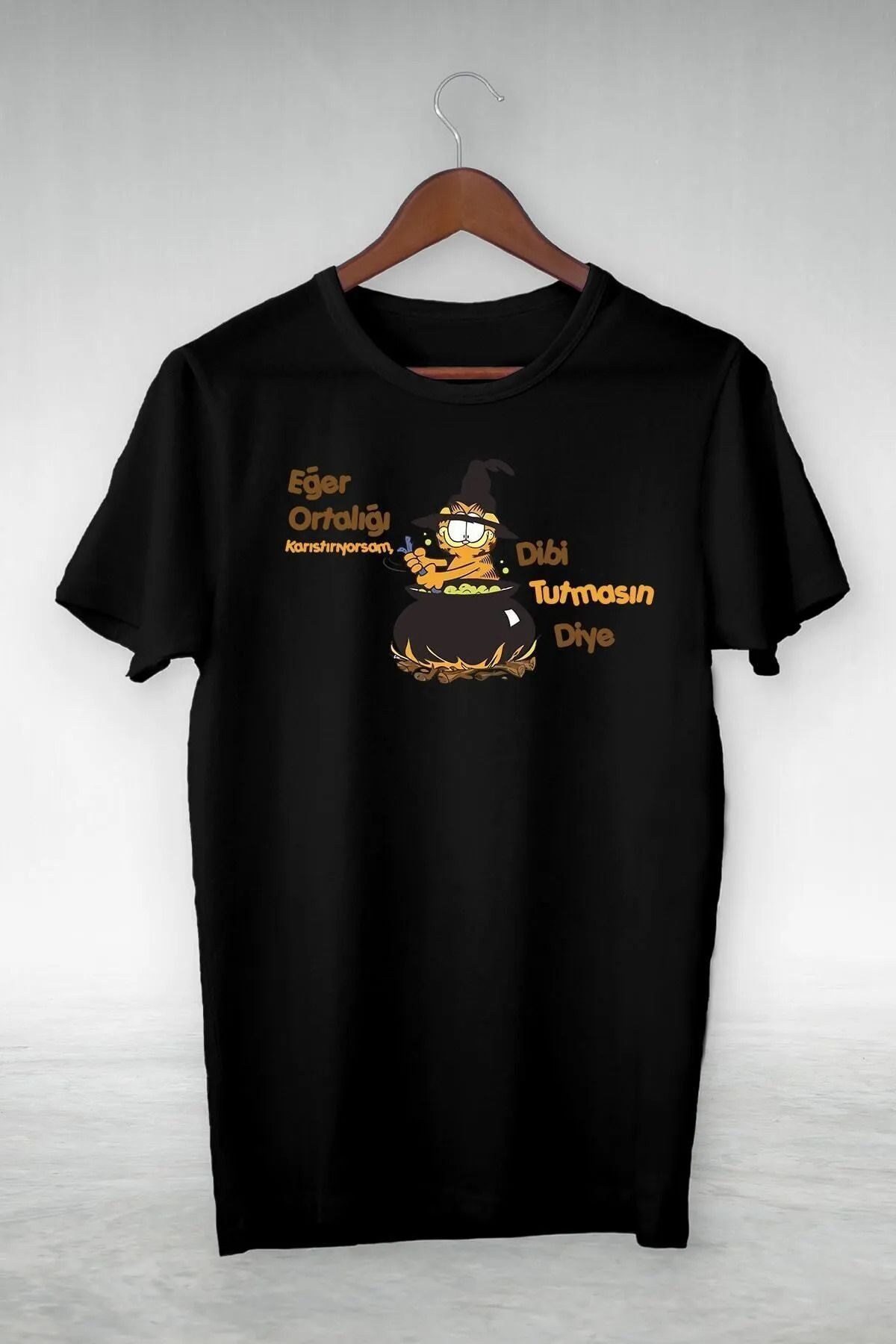 ELNOYA Oversize Tişört Siyah Cadı Temalı Garfield Baskılı Yazlık Streetwear Tasarım