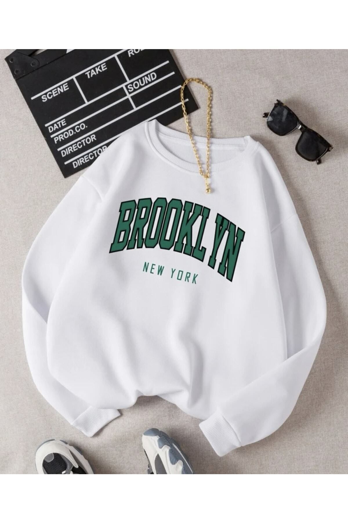 Meyar Ünisex Beyaz Bronklyn Baskılı Oversize Sweatshirt