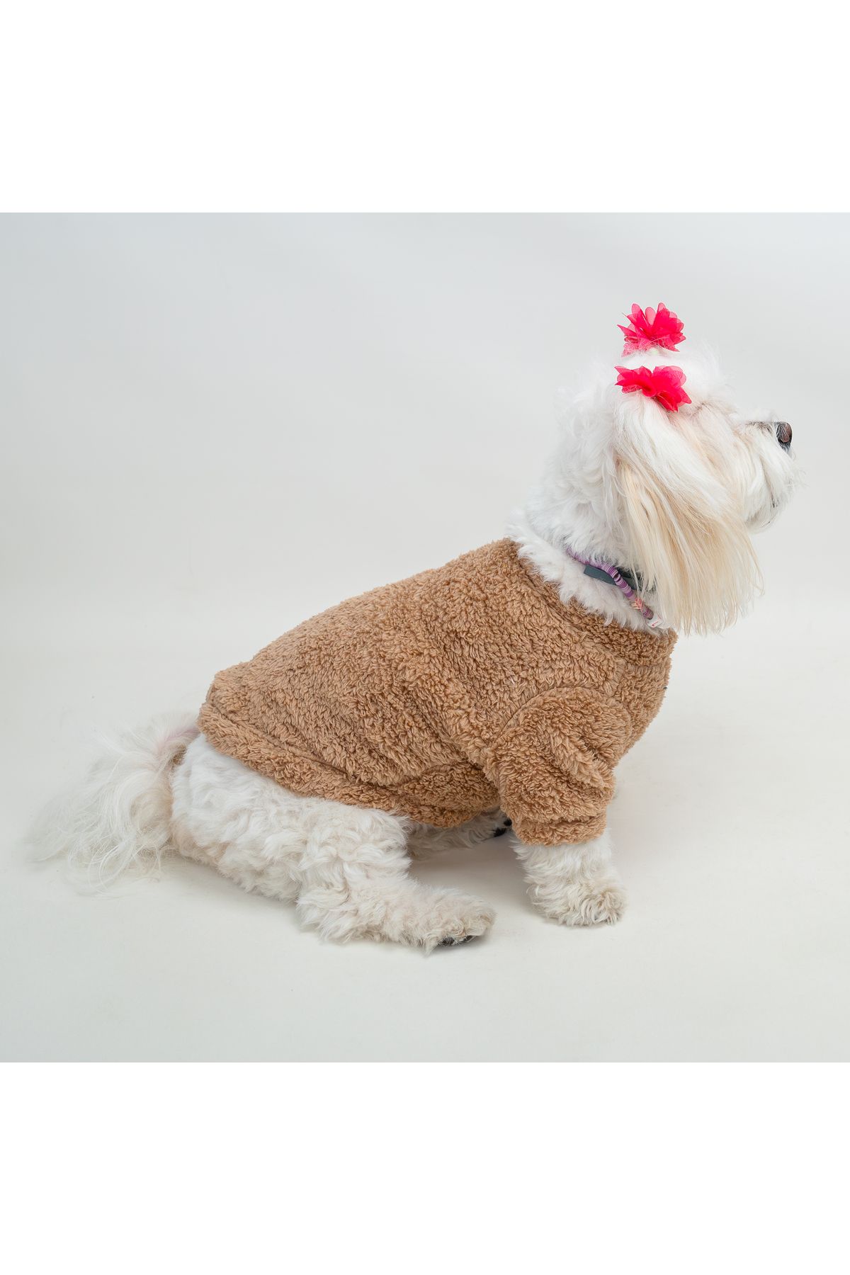 Kedi & Köpek Kıyafeti - Kahverengi Bisiklet Yaka Peluş Sweatshirt