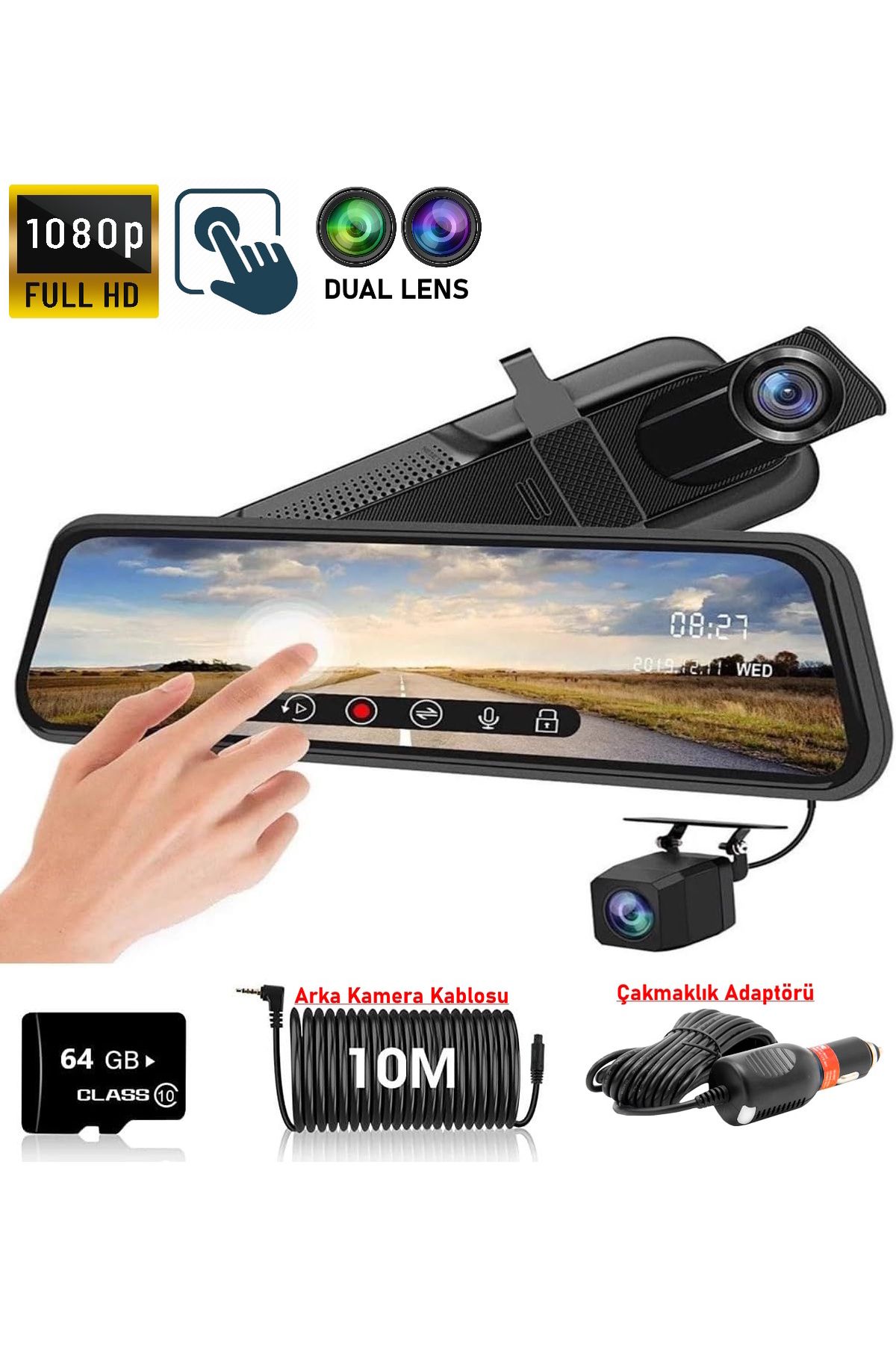 Ventus 10" Dokunmatik Ekran  FHD 1080p 64GB Hafıza Araç İçi Çift Lens Kamera  (10m Arka Kamera Kablosu)