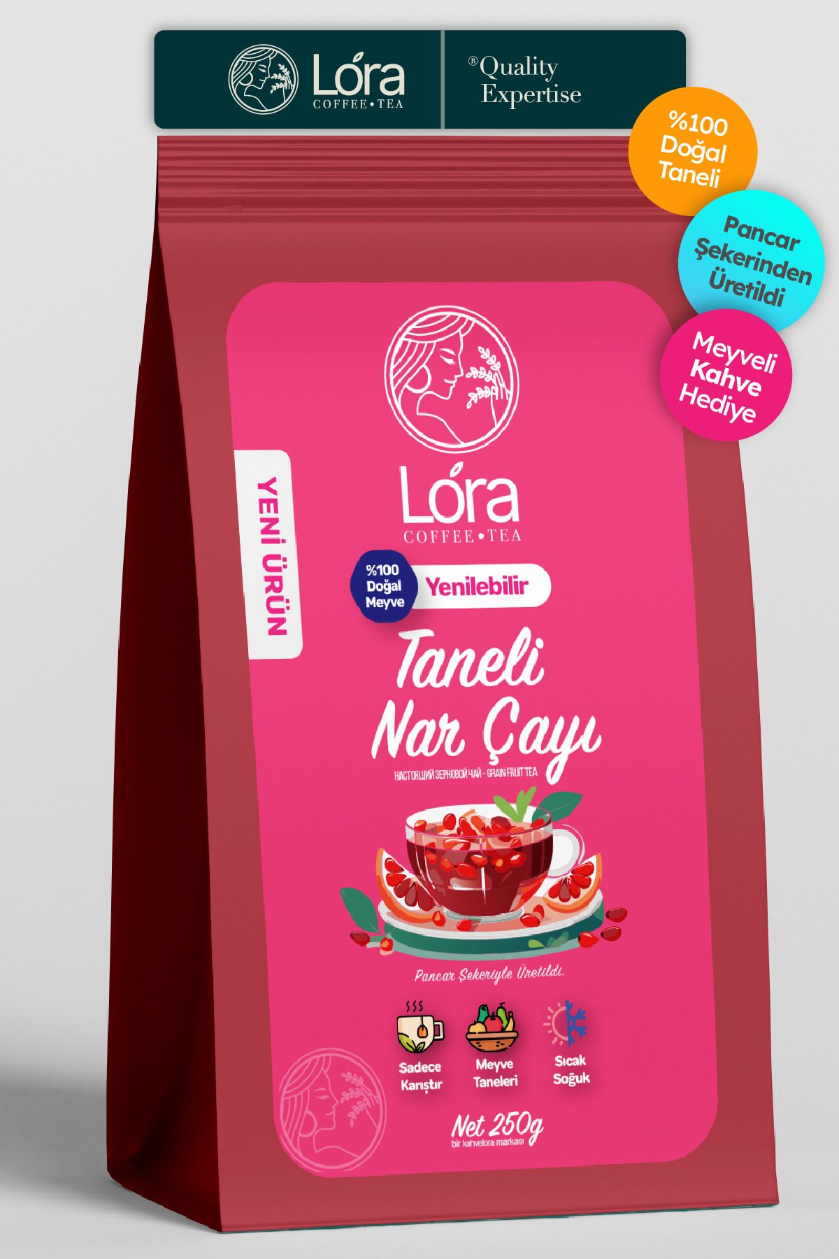 LoraTea 250g Doğal Yenilebilir Taneli Nar Çayı - Bardakta Hazır - Sıcak Veya Soğuk Hazırla - Nar Kurusu