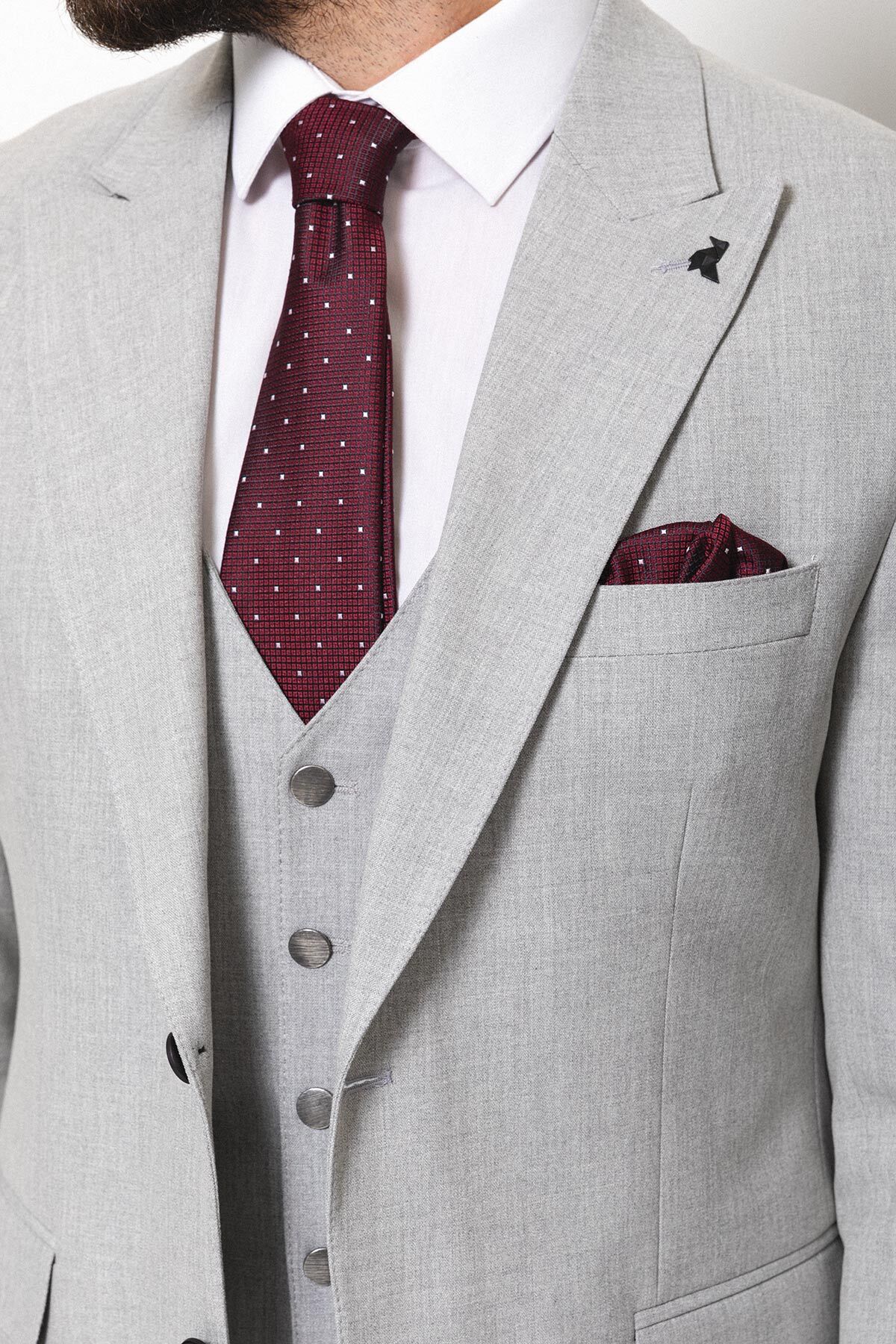 Düz Slim Fit Mono Yaka Klasik Erkek Takım Elbise Gri - 40761.21Y — رنگارنگ — تصویر 5 از 6
