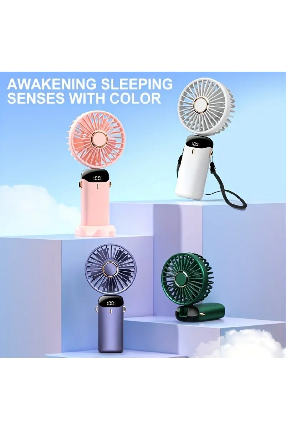 Generic LED Ekranlı  El Fanı Taşınabilir Katlanabilir Şarj Edilebilir Kademeli Ayarlanabilir Hız