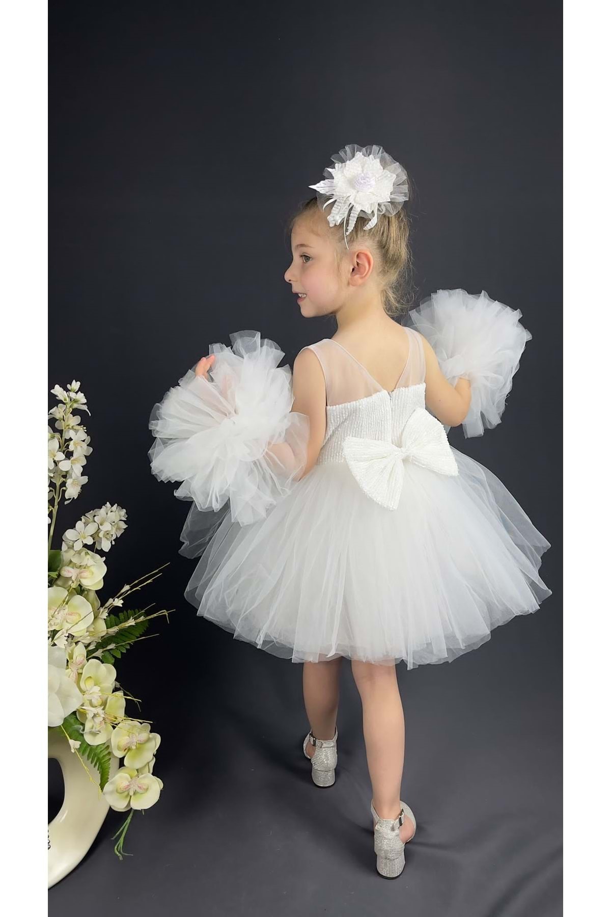 Mnk Baby&Kids Şifon Robalı Ponpon Kol Pul Payetli Kız Çocuk Kabarık Etek Tütülü Abiye BEYAZ fotoğrafı 5 (önizleme)