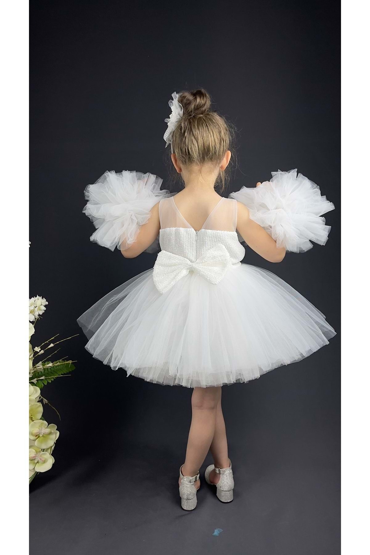 Mnk Baby&Kids Şifon Robalı Ponpon Kol Pul Payetli Kız Çocuk Kabarık Etek Tütülü Abiye BEYAZ fotoğrafı 6 (önizleme)