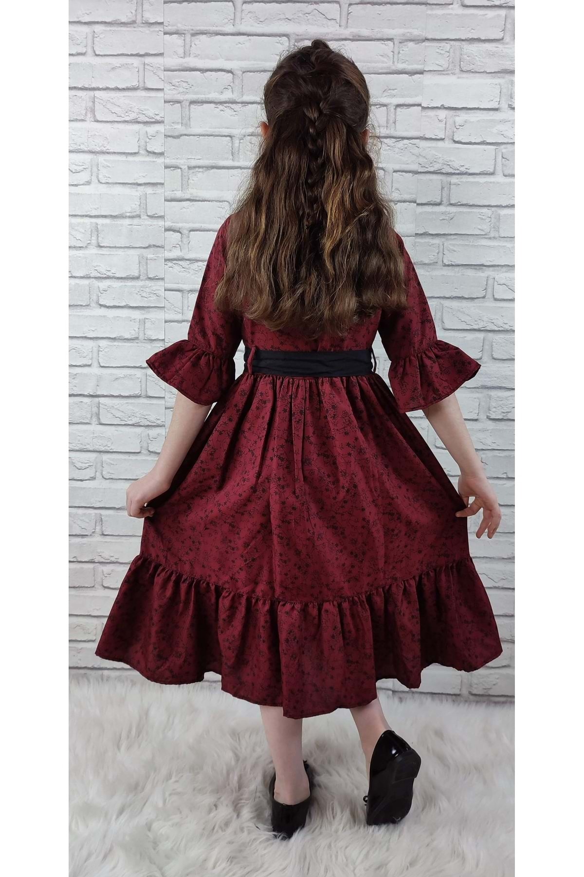 Mnk Vintage Basma Kız Çocuk Elbise MNK0299 BORDO fotoğrafı 5 (önizleme)