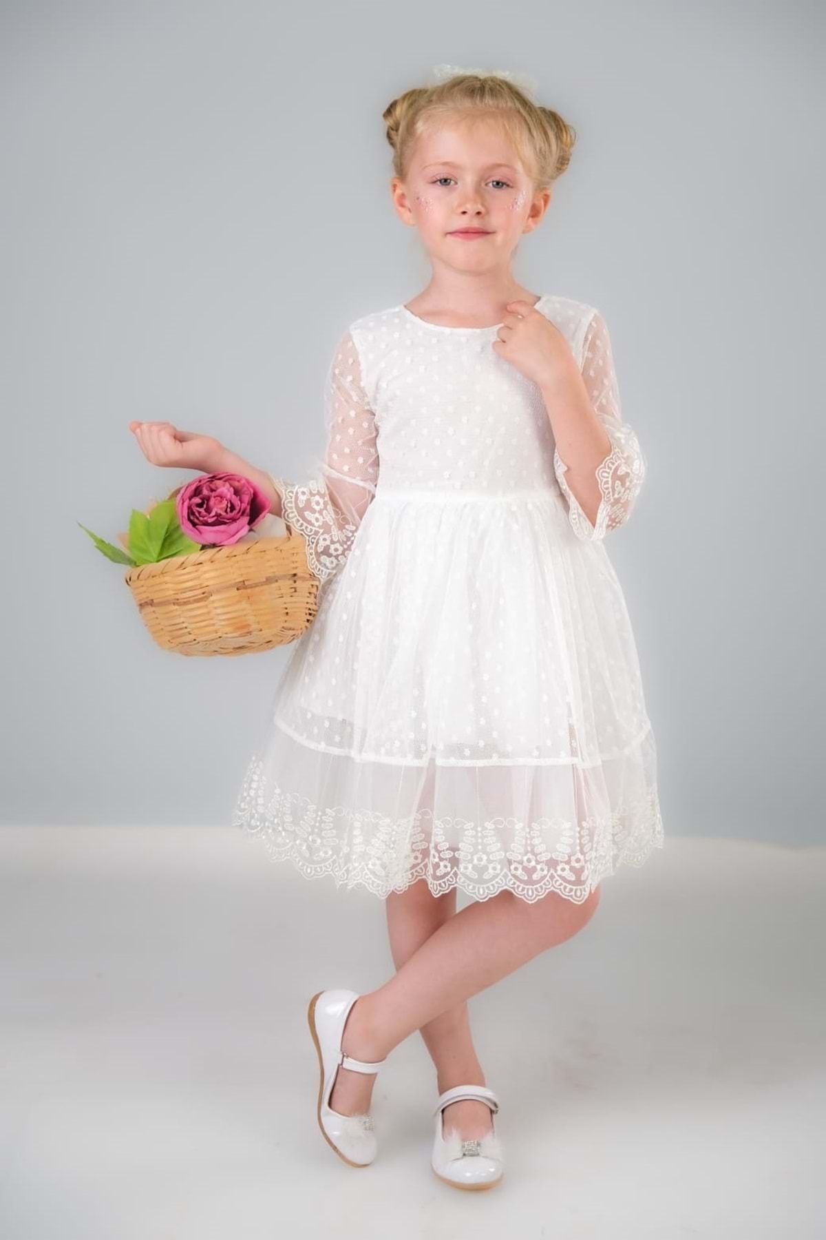 Mnk Dream Luxury Dantel Kız Çocuk Elbise MNK0327 BEYAZ fotoğrafı 2 (önizleme)