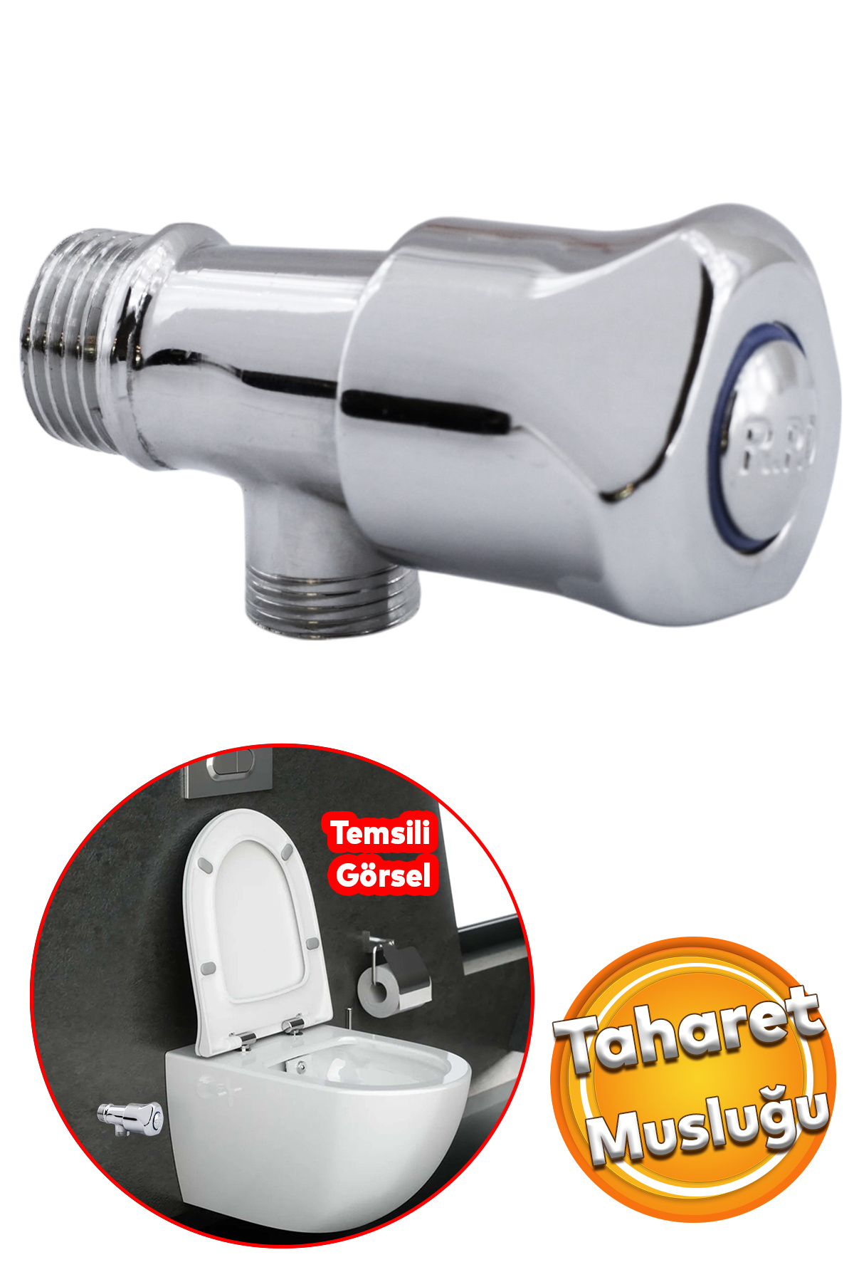 Badem10 Taharet Musluğu Döküm Metal Rezervuar Çevirmeli Ara Musluk Wc Klozet Alafranga Flex Hortum Bağlantı
