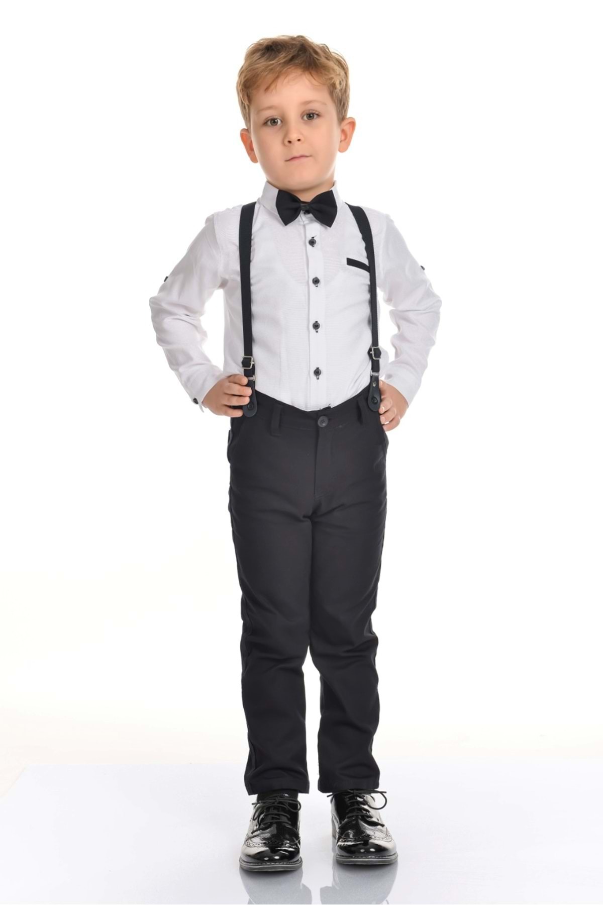 Mnk Baby&Kids Oxford Gömlek Uzun Pantolon Erkek Çocuk Takımı MNK0302 BEYAZ - SİYAH fotoğrafı 4 (önizleme)