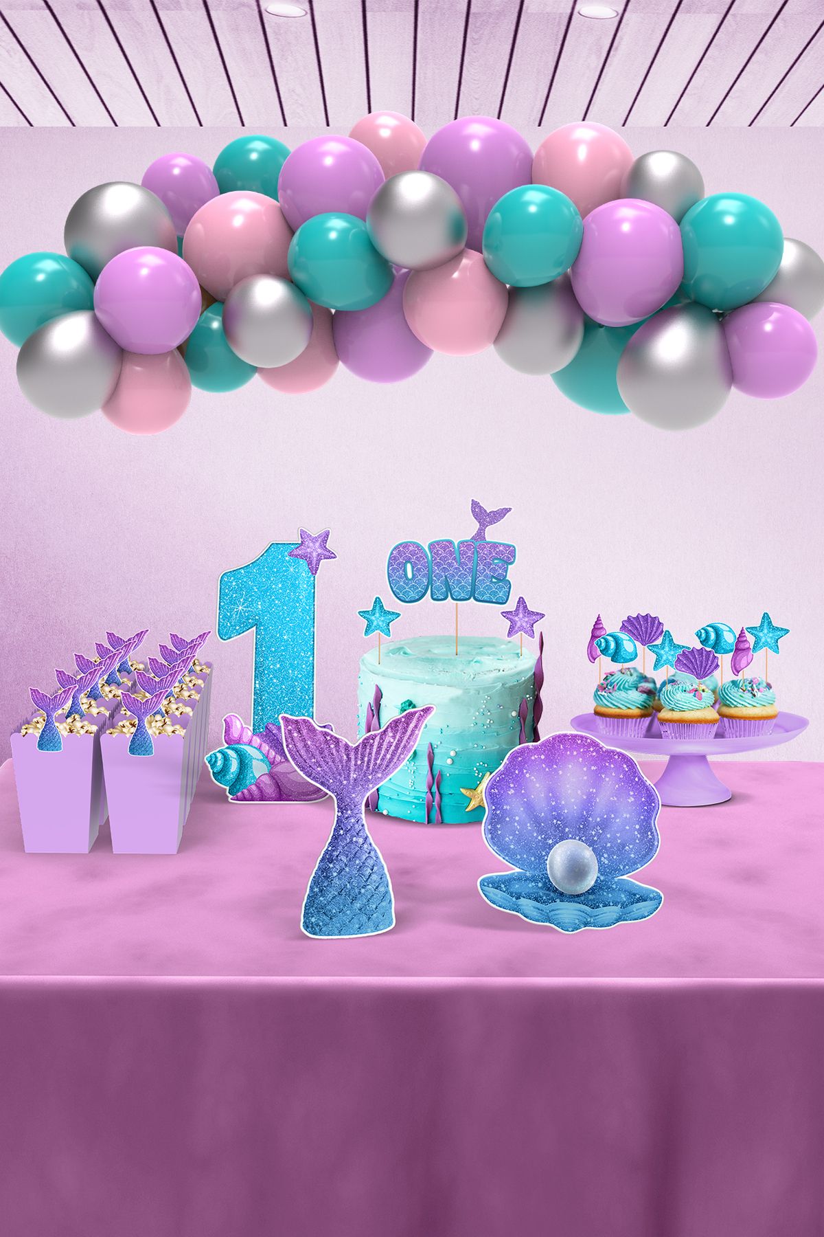 Hey Parti-Mermaid Themed 1 Year Birthday Party Set - Birthday Concept - Midi 1