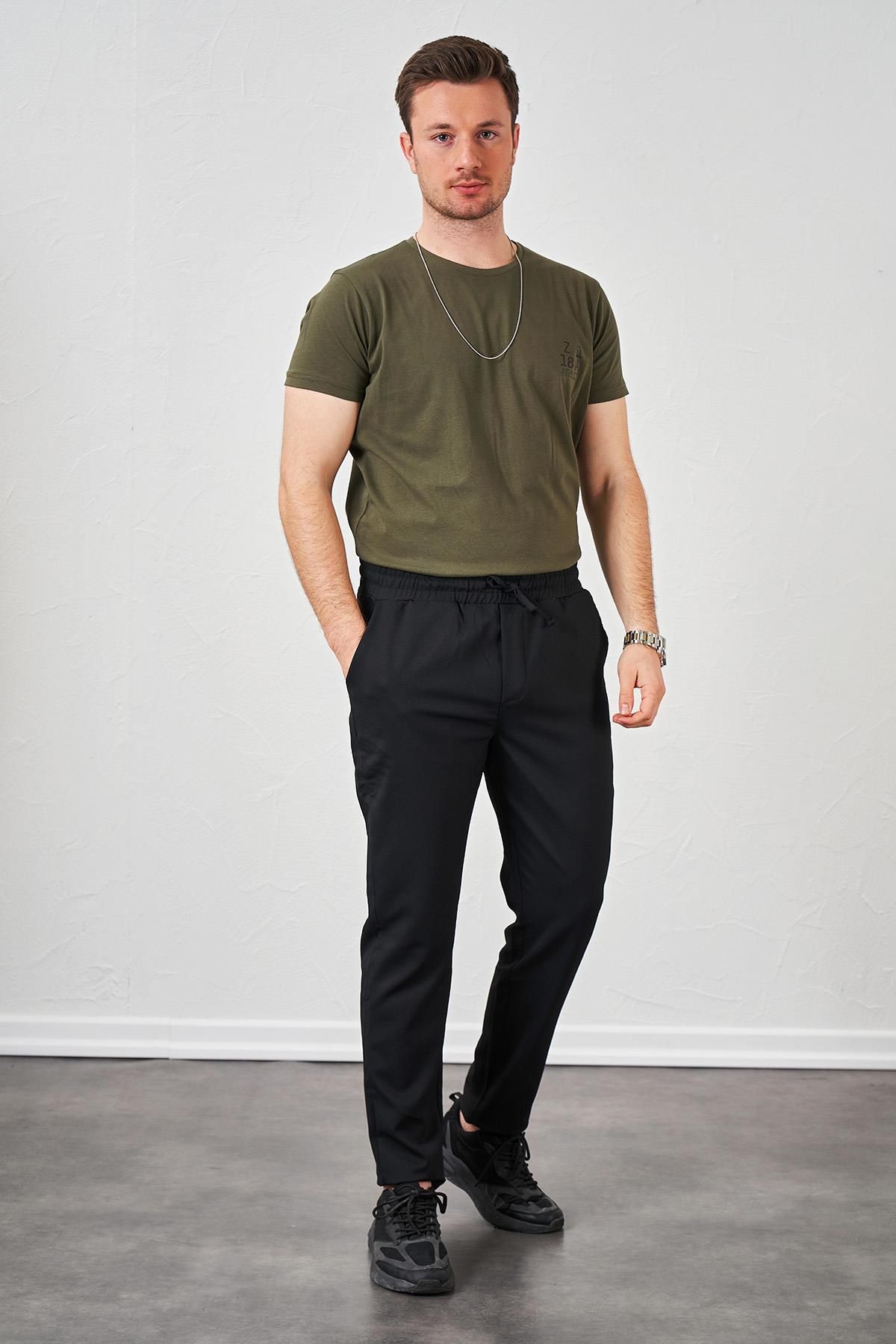 TENA Pantaloni Negri Din Stofă Pentru Bărbați - Design Cu Frânghie În Talie Masculin - L