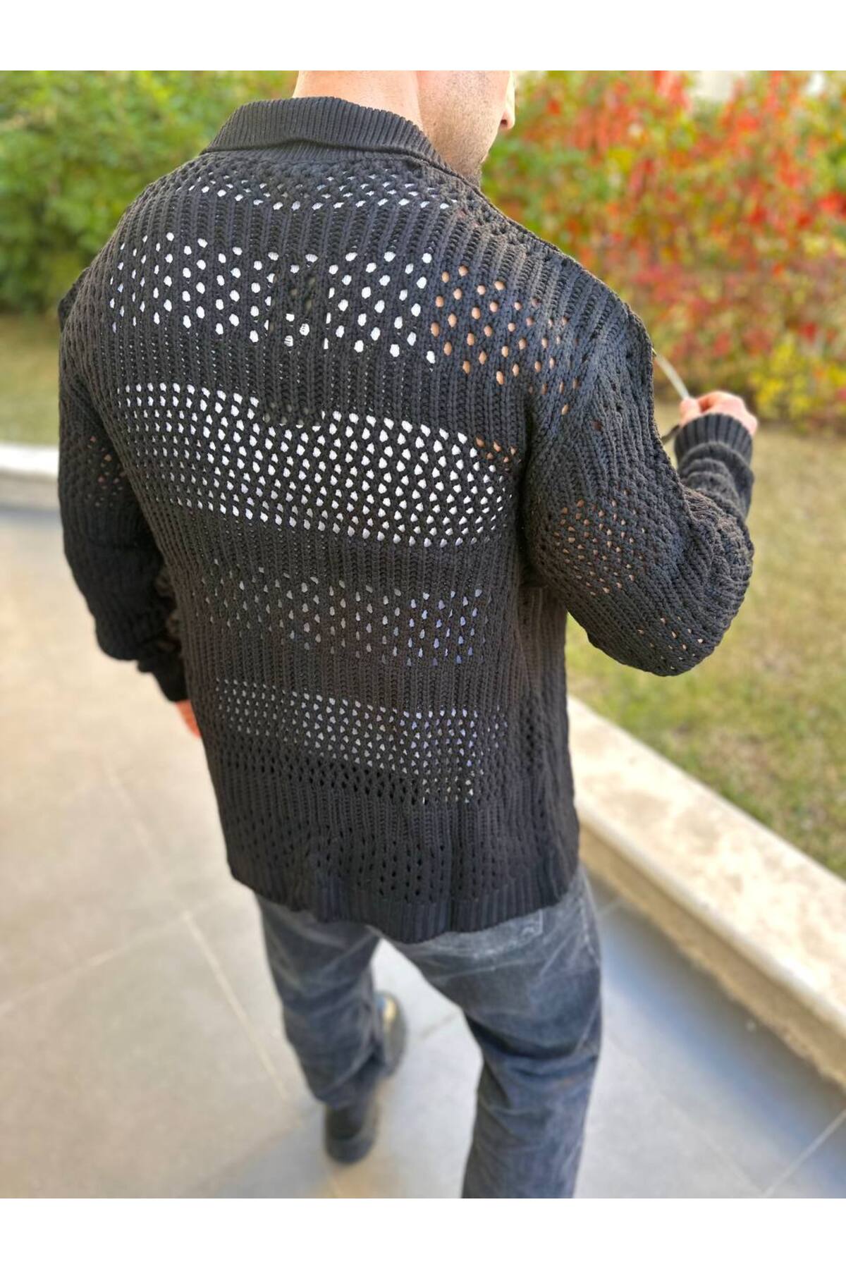 Hırka Oversize Özel Örgülü Triko Desenli Salaş Örgü Tasarım Delikli Hırka — مشکی HIRKA7192-DEK — تصویر 4 از 7