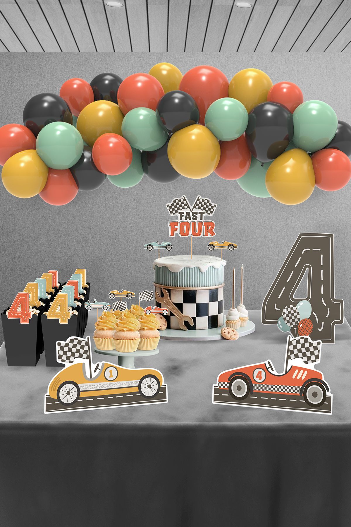 Hey Parti-Fast Four Retro Car Themed 4 Year Old Birthday Party Set - Midi 1