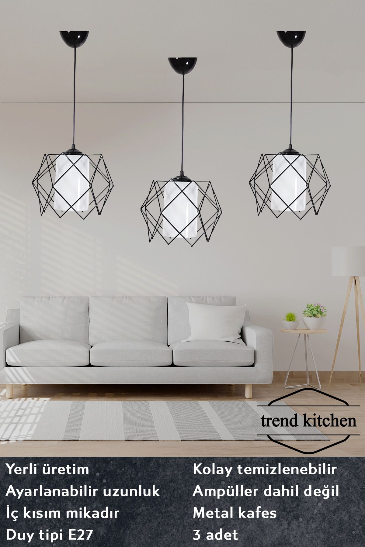 Trend Kitchen 3 Adet Silvano Beyaz Camlı Modern Sarkıt Avize