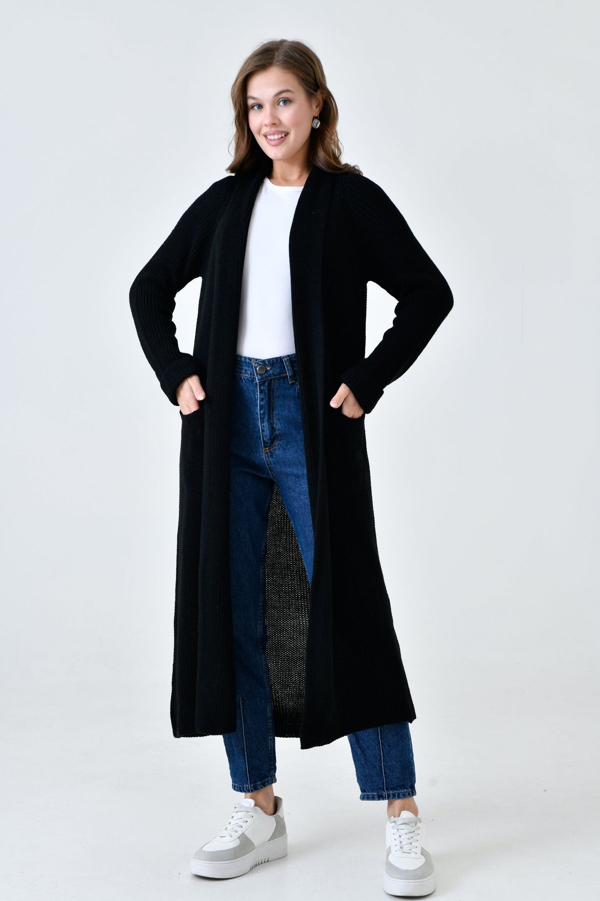 WOMAN VISION-Women's Black Knitwear Fabric Double Pocket Detail Shawl Collar Long Cardigan 5001 7