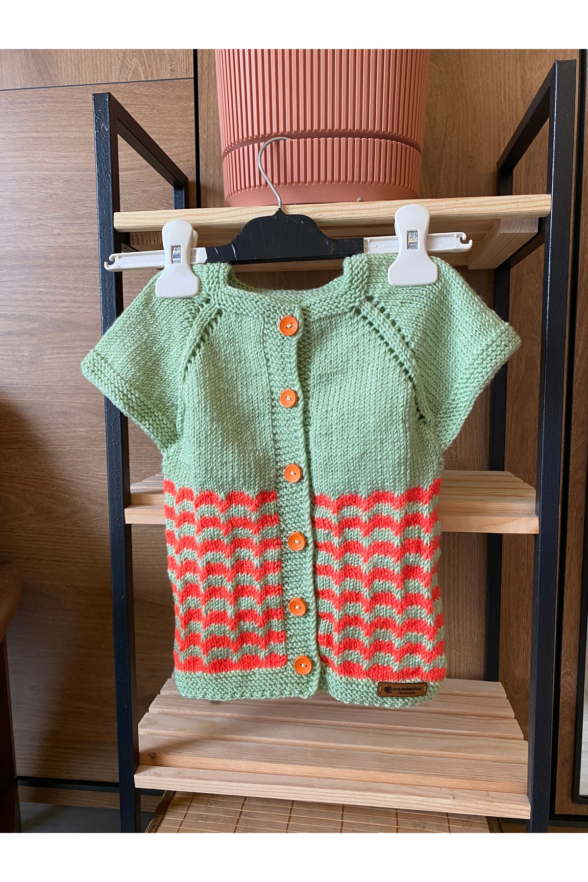 Handmade Yeşil-Turuncu Çizgili Erkek Çocuk Yelek 0-6 Ay fotoğrafı 6 (önizleme)