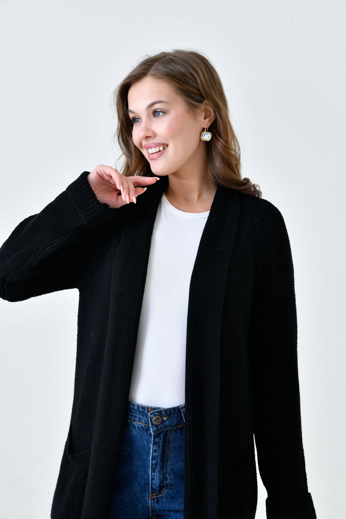 WOMAN VISION-Women's Black Knitwear Fabric Double Pocket Detail Shawl Collar Long Cardigan 5001 2