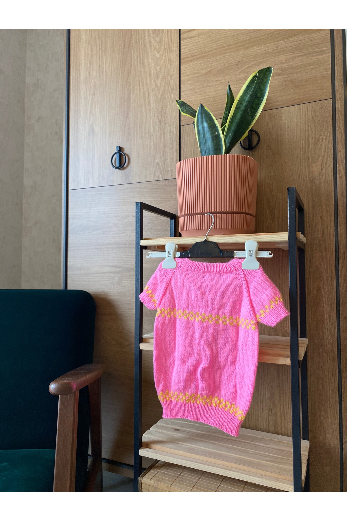 Handmade Pembe-Sarı Çizgili Kız Çocuk Yelek 0-6 Ay fotoğrafı 7 (önizleme)