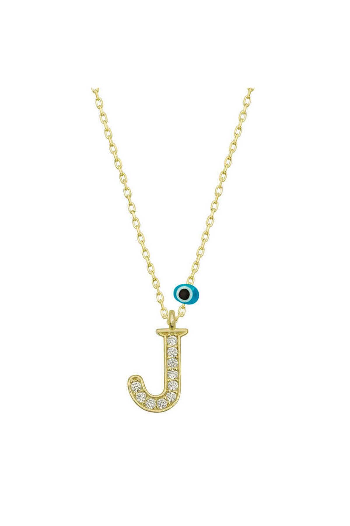 musellife 925 Ayar Gümüş Nazar Gold J Harfi Kadın Gümüş Kolye (T6786) (491491)