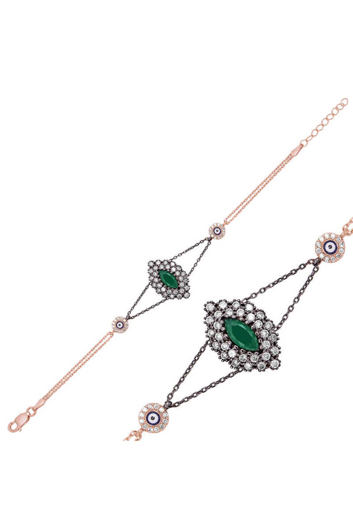 musellife 925 Ayar Gümüş Rose Mat Yeşil Taşlı Otantik Bileklik (BR0460468) (491491)