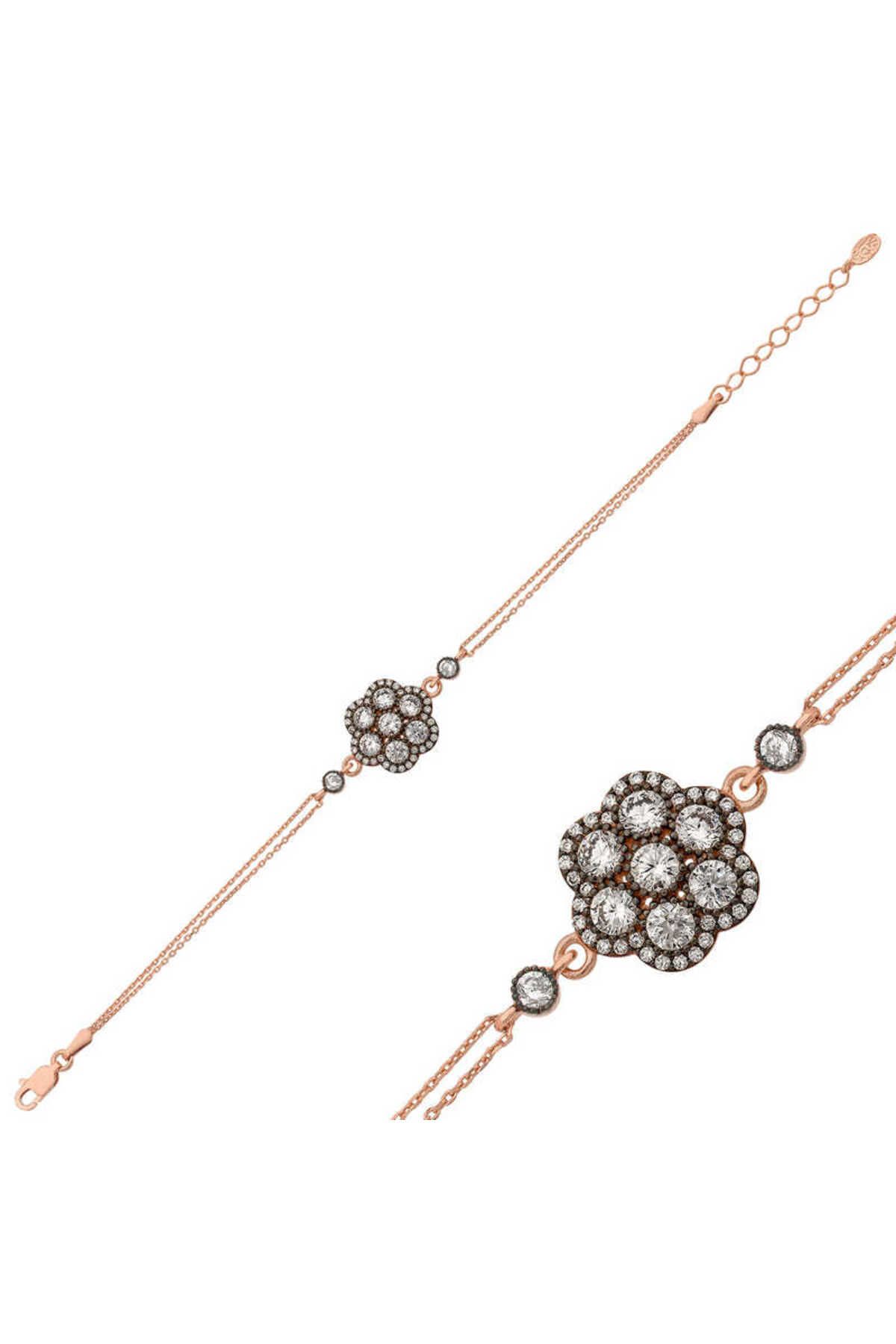 musellife 925 Ayar Gümüş Rose Elmas Montür Çiçek Bileklik (BR0460633) (491491)