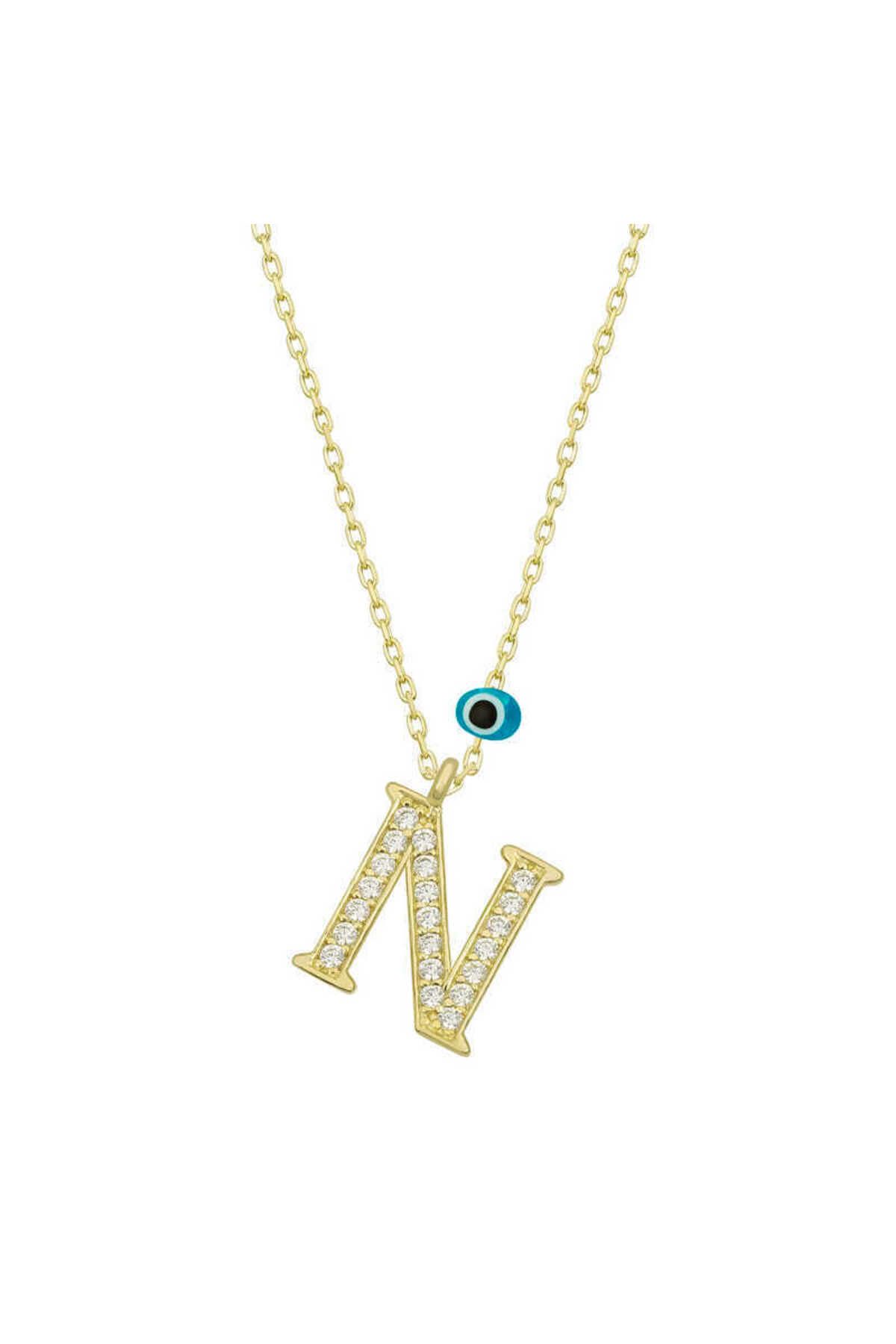 musellife 925 Ayar Gümüş Nazar Gold N Harfi Kadın Gümüş Kolye (T6790) (491491)