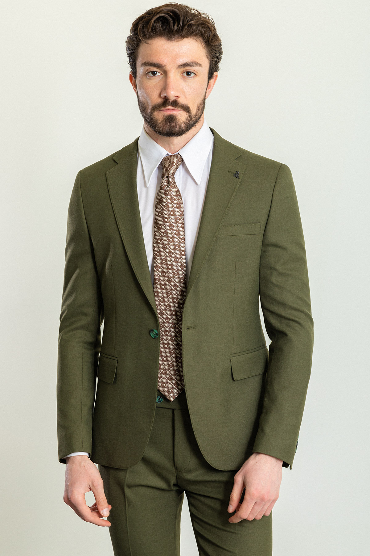 Mcr Straight Slim Fit Mono Collar Linen Men's Suit Khaki - 45227.23Y
