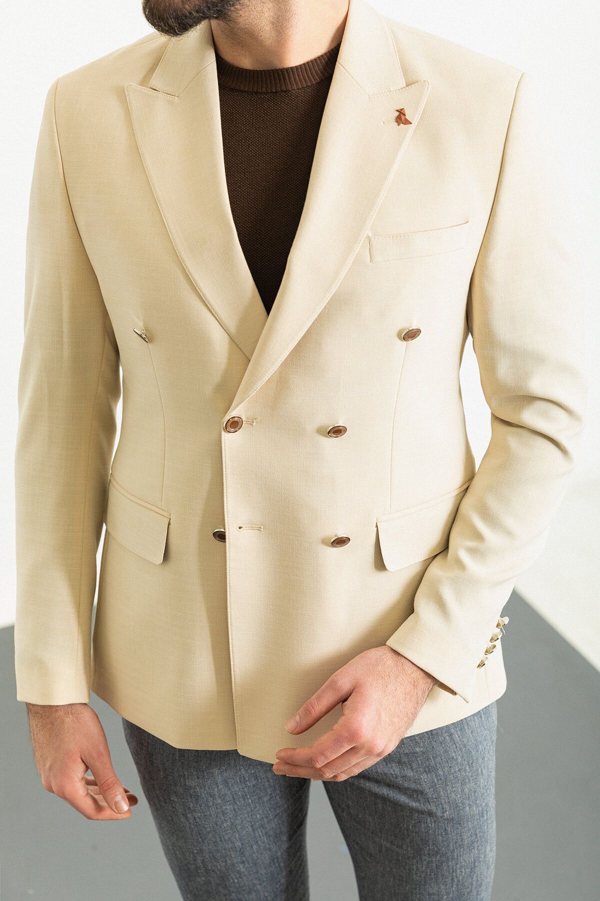 Mcr-Plain Slim Fit Mono Collar Double Breasted Linen Men's Jacket 6